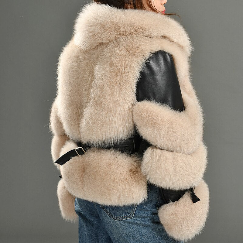 Luxury  Real Fox Fur Coats with 100% Genuine Sheepskin Leather Jackets Wholeskin Natural Fox Fur Female Parkas