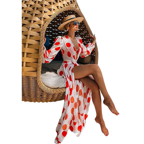 Bikini Cover Up Print Bathing Suit Women Kimono Plus Size Tunic Sexy Long Sleeve Swimwear Cover-Ups