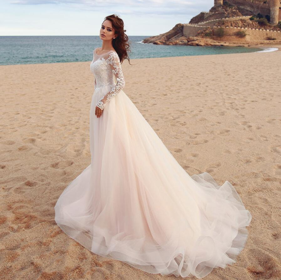 Beach O Neck Wedding Dress Lace Long Sleeves Appliques Court Train Tulle Vestido De Novia Princess Gowns Illusion Elegant