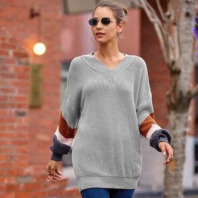 Fashion Knit Sweater Women Elegance V-neck Lantern Sleeve Winter Pullover Loose Oversized Striped Streetwear