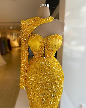 Vinca Sunny Luxury Gold Mermaid Evening Gowns Sequined Beaded Women Prom Dress With Long Sleeves Party Robe de mariée