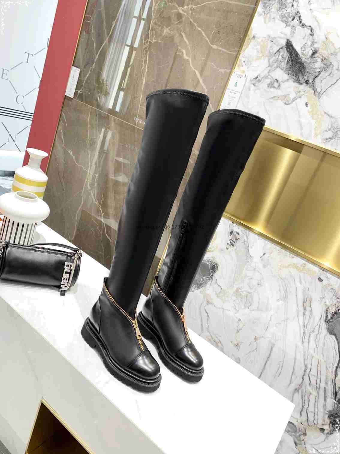 Round Toe Platform Flat Heel Cowhide Stretch Over the Knee Boots Front Zipper Long Boots Luxry Brand Design Ladies Winter Boots