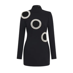 Sexy Long Sleeve Hollow Out Bodycon Bandage Dress Vintage O Collar Sequins Key Hole Mini Black Color Dress Evening Party Club