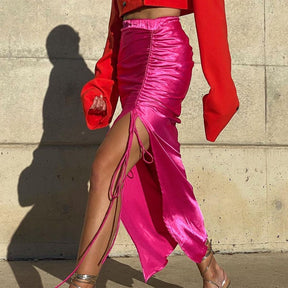 Women Sexy Fashion Shirred Midi Pencil Stain Skirt Solid High Waist Club Party Slim Bodycon