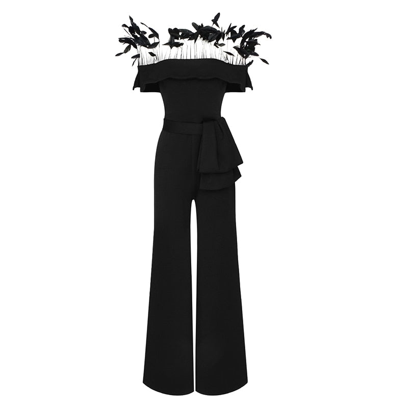 2023 jumpsuit Fashionable Feather Design One-way Neckline And Belt Decoration Short-sleeved Trousers One-piece For Women