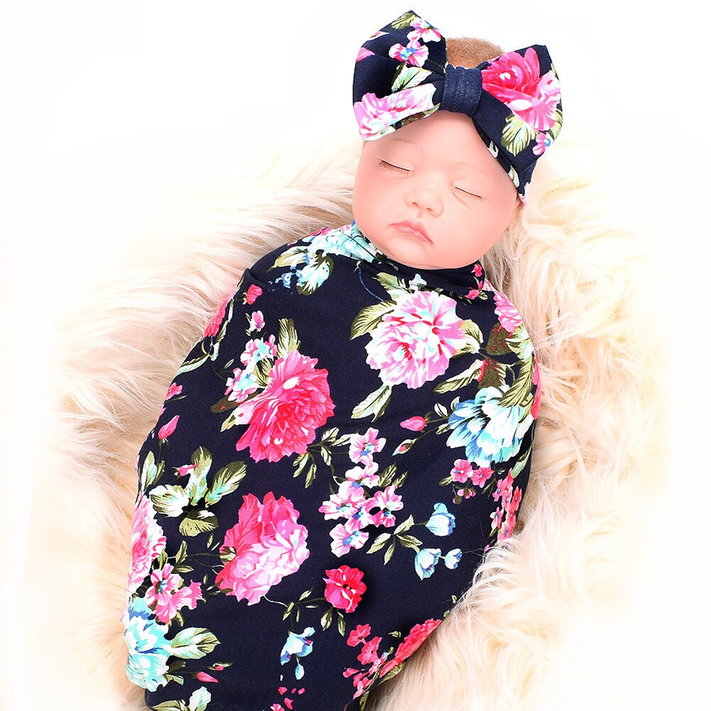 Newborn Baby headband Turban swaps Infant Baby bow headbands +Swaddle Blanket Boy Girl Floral Baby Wrap