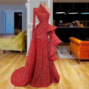 Red Sequin Sexy Evening Dresses 2022 Women Party Robe De Soiree Elegant One-Shoulder Long Sleeves Vestidos Shiny Prom Maxi Dress