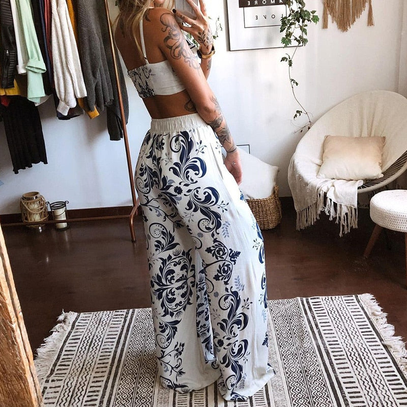 Summer Homewear Outfits Casual Butterfly Print Women Two Piece Set Ladies Elegant Bra Tops+Wide Leg Pants Loose Suits Streetwear