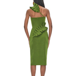 Bodycon One Off Shoulder Midi Party Dress Wedding Sexy Women Green Irregular Ruffles Backless Elegant Evening Dress