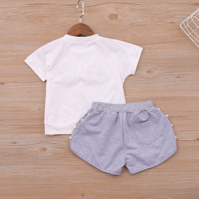 White T-Shirt+Shorts Casual Beading Decoration Sportswear