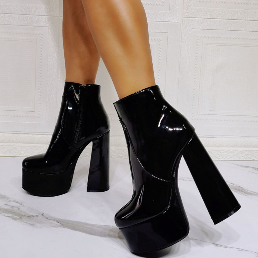 Platform High Heel Ankle Boots Goth Cool Black Print Zipper