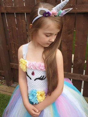 Girls Pastel Unicorn Flower Tutu Dress Kids Crochet Dress Ball Gown with Hairbow Children Party Cosplay Cartoon Costume Dresses