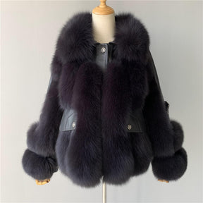 Genuine Sheepskin Leather Jackets With Fox Fur Winter Thick Warm Fashion Lady Coats Overcoats Luxury Big Fur Coat