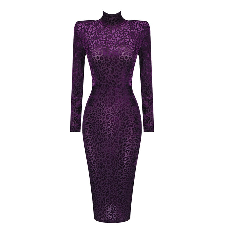 New Arrival Purple Suede Leopard High Neck Long Sleeve Medium Length Dress All Free Shipping