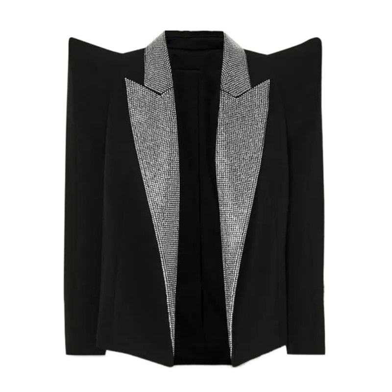 Shrug Diamonds Collar Blazer Women Black New Autumn Female Jacket Fashion Peak Shoulder Blazers Suit High Quality Dropship