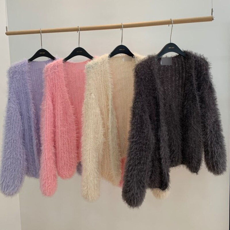 Fashion Chic Women Solid Color Mohair Sweater Cardigan New Autumn Winter Soft Knitted Lantern Sleeve