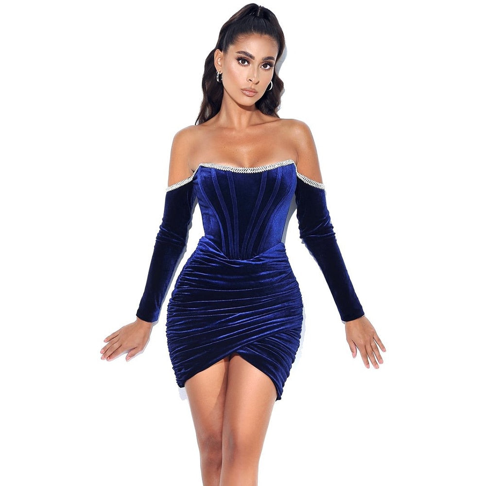 Shoulder Velvet Dress Long Sleeve Sexy Draped Diamond Mini Dress