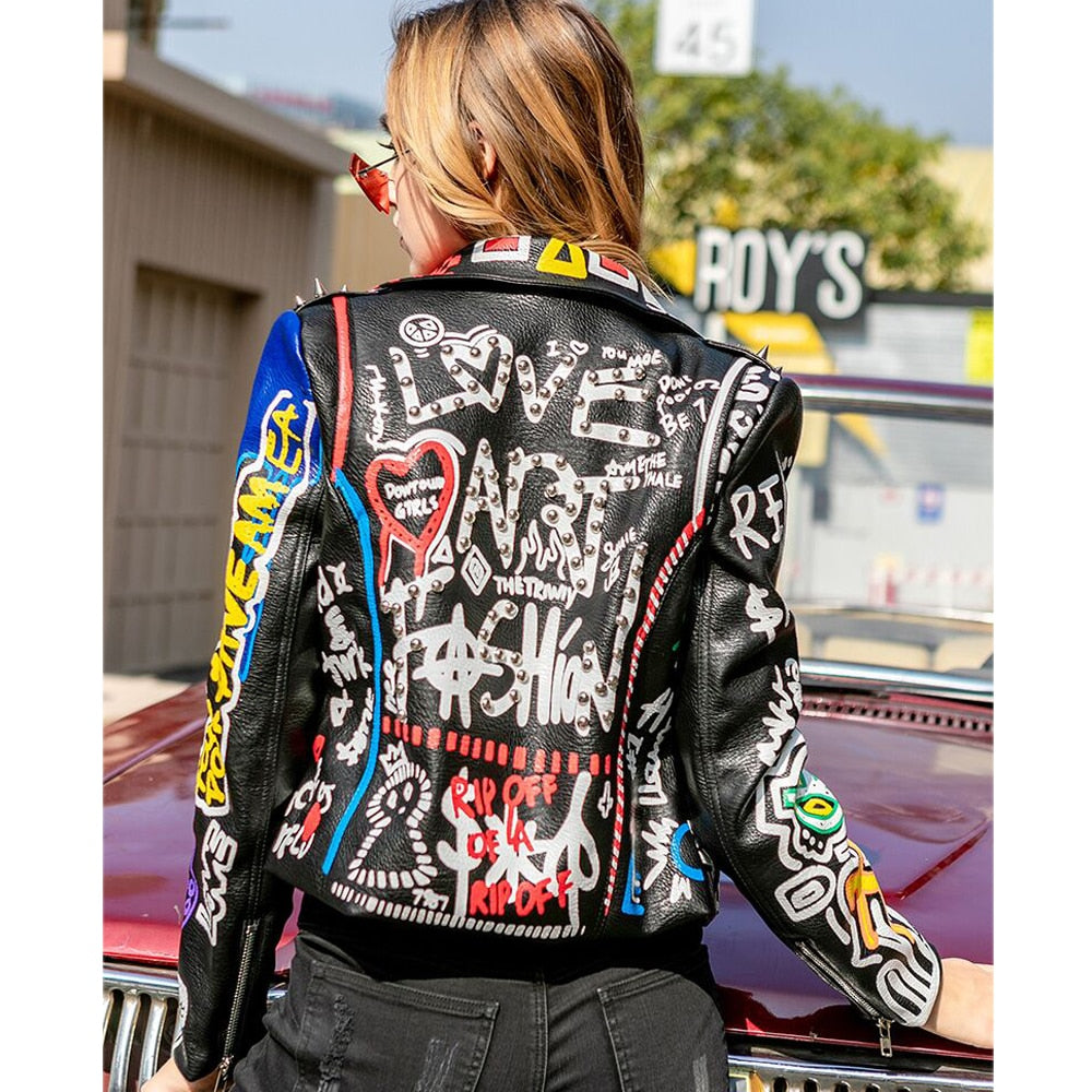 Leather Jacket Women Graffiti Colorful Print Biker Jackets and Coats PUNK Streetwear Ladies Clothes