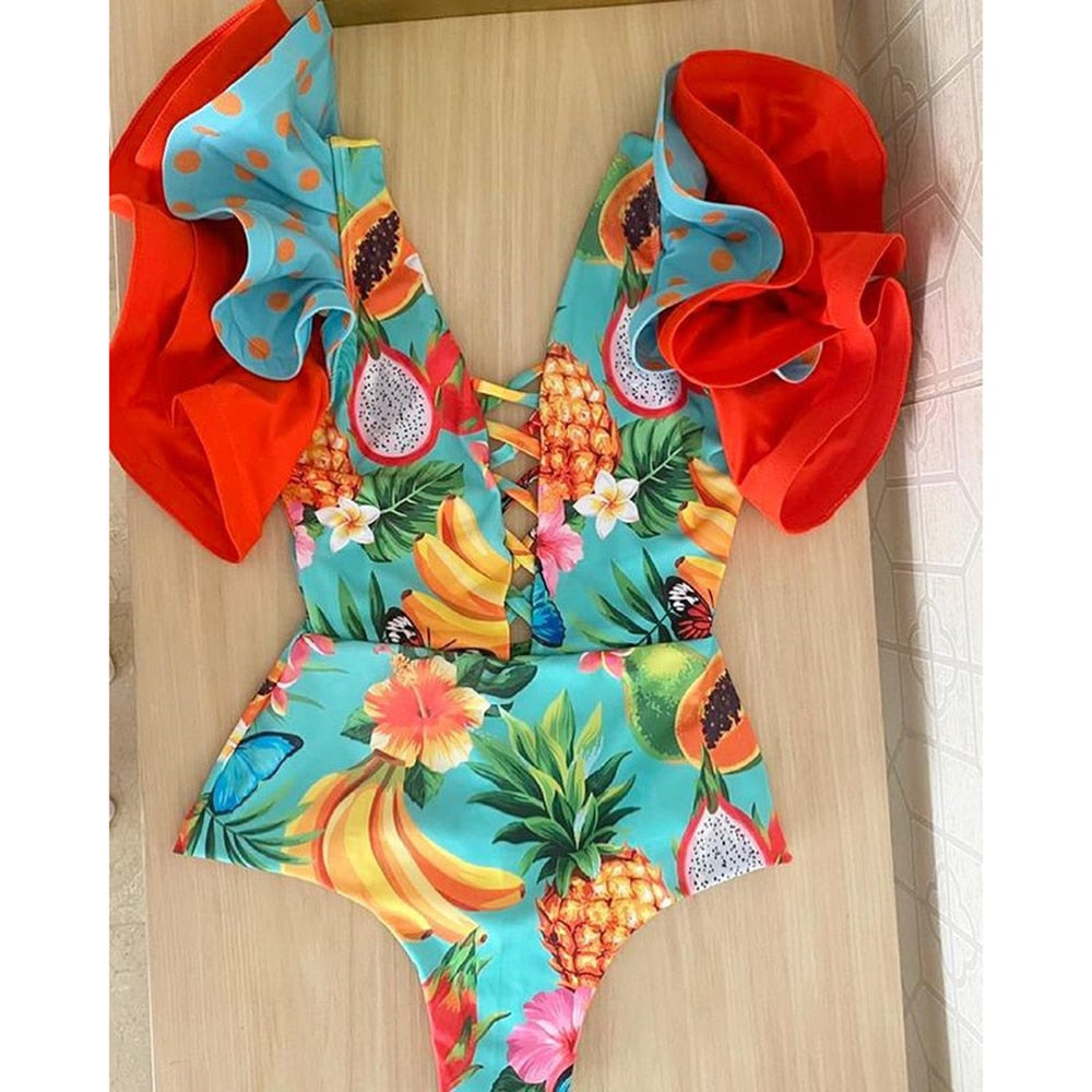 New Sexy Ruffle Print Floral One Piece Swimsuit Off The Shoulder Swimwear Women Solid Deep-V Beachwear Bathing Suit Monkini