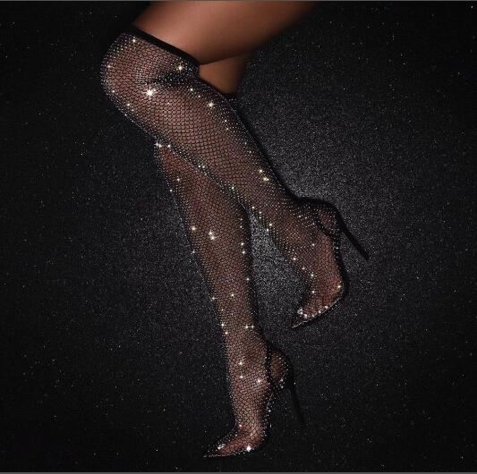 Hot Woman Black Bling Bling Sequins Diamond Fishnet Cuts Out PVC Clear Pointed Toe Heel-Strap Over The Knee Thigh Socks Boots