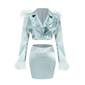 Ladies Short Dress Two-piece Feather Design Long-sleeved Lapels Crop Top Mini Skirt Light Blue/Green Satin