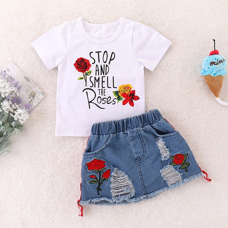 Suit Summer Flower Print Set Top and Denim Skirt 2Pcs Toddler Children Outfits Clothing Sets