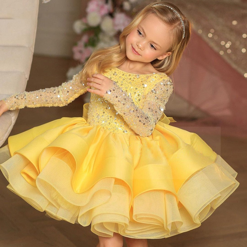 Flower Girl Bridesmaid Dresses Long Sleeve Sequins Elegant Wedding Party Dress For Girls Baby Puffy Prom Gown Children Clothes