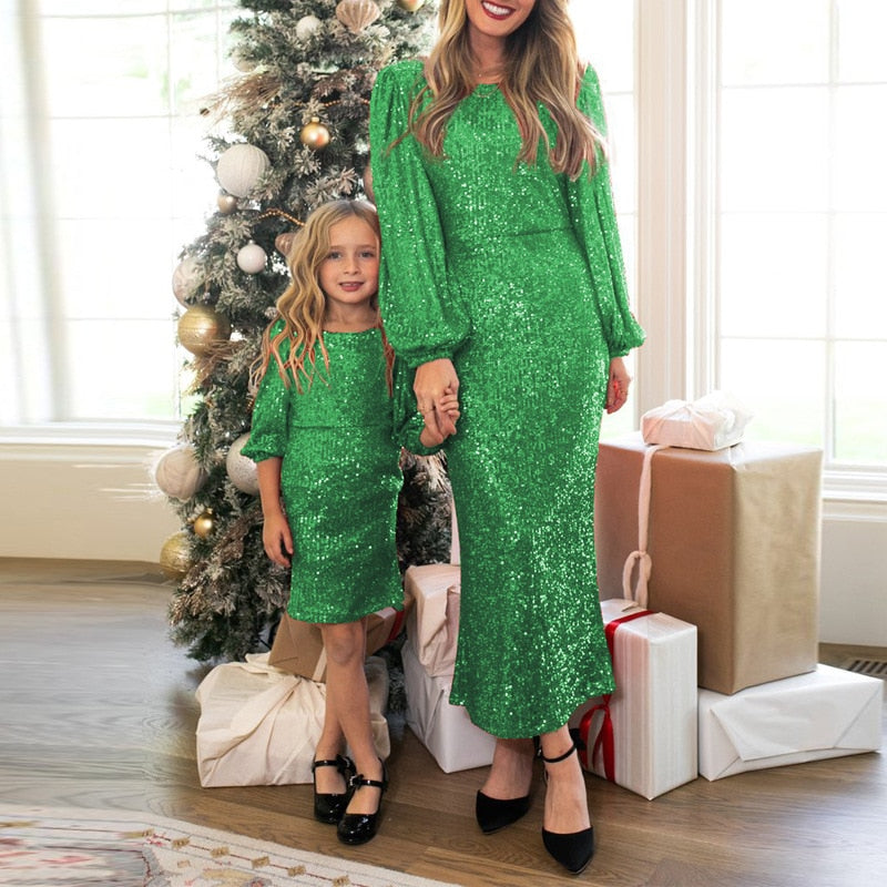 Long Sleeve Family Mathing Mother And Daughter Dress Party Clothes Red Green Black Wedding Sequins Dresses For Mom Girl