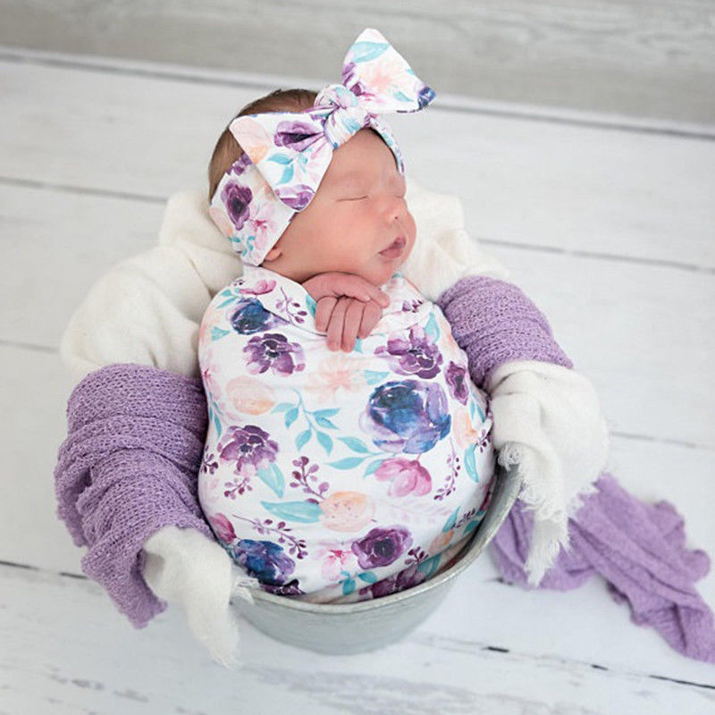 Newborn Photography Prop Baby Blankets Printed Newborn Infant Baby Boys Girls Sleeping Swaddle Muslin Wrap +Headband 2PCS