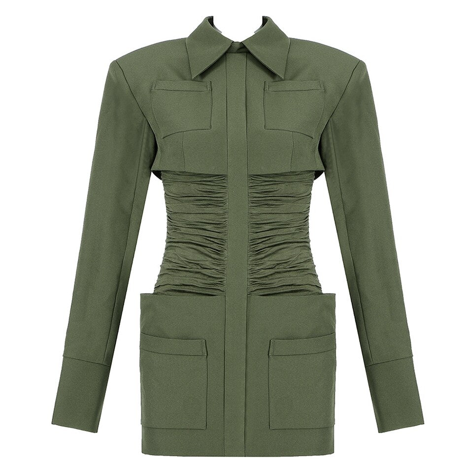 HIGH STREET Long Sleeve Army Green Dress Celebrity Runway Party Vestidos Sexy Pocket Shirt Thick Shoulder Mini Women dresses