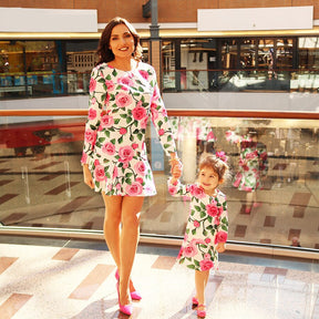 Mom and Daughter Dress Fashion Floral Long Sleeve Mommy and Me Clothes Family Matching Outfits Women Girls Knee-length Dress