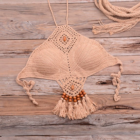 Sexy Halter Tie Knitting Bikini New Beach Crochet Swimwear Halter Beaded Tassel Crop Top Brazil Bikini Swimsuit Bathing Suit