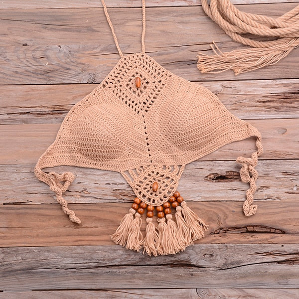 Sexy Halter Tie Knitting Bikini New Beach Crochet Swimwear Halter Beaded Tassel Crop Top Brazil Bikini Swimsuit Bathing Suit