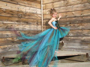 Girls Peacock Feather Trailing Tutu Dress Kids Crochet Flower Tulle Dress Ball Gown Children Evening Party Banquet Costume Dress