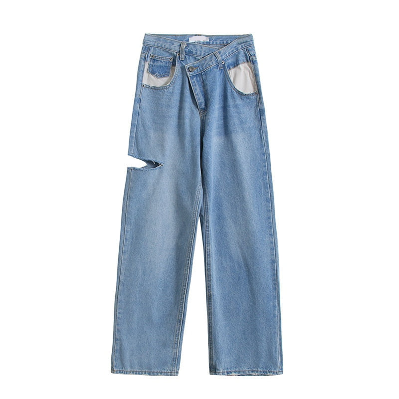 Vintage Asymmetrical Waist Hole Straight Jeans Womens Loose Denim Pants Casual Wide Leg Pants Streetwear Mom Jeans