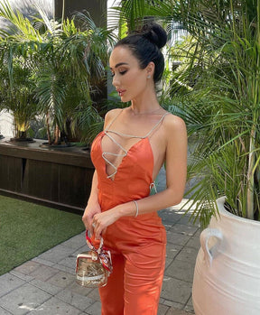 Women Jumpsuit Sexy Spaghetti Strap Diamond Backless Jumpsuit Deep V Neck Sleeveless Bodycon Evening Long Satin SliP Pants 2022