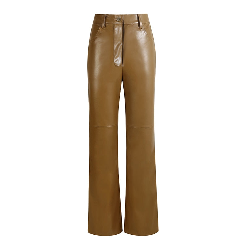 Camel Vest Leather Pants 2-Piece Set for Women new Flared Trousers + Strapless Vest Fashion Pu Set