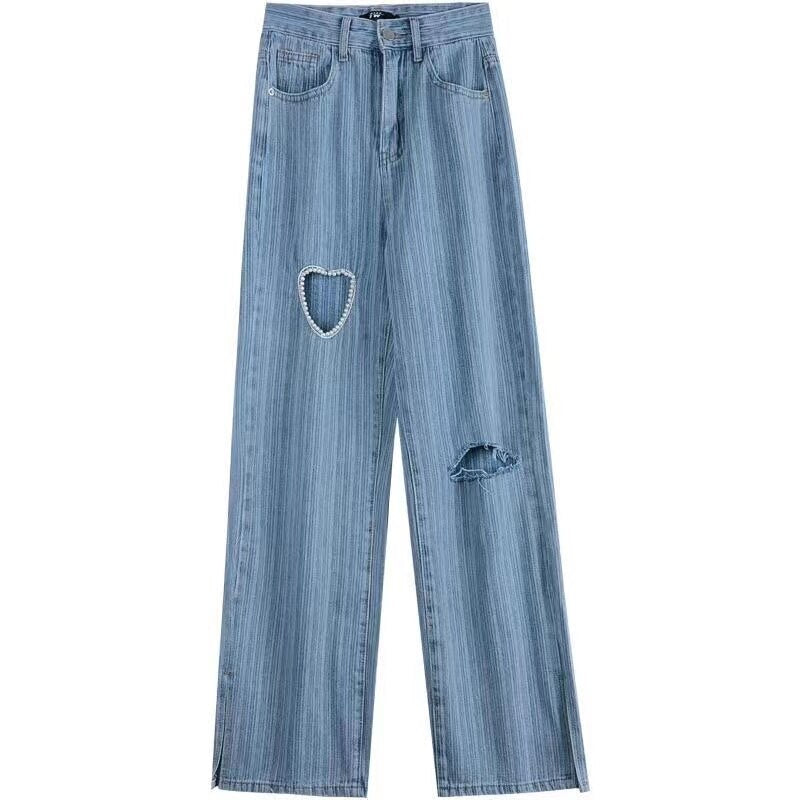 Light Blue Denim Trousers Vintage Heart-shaped Hole Wide Leg Pants Women Korean Straight Long Pants Casual Loose Summer Autumn