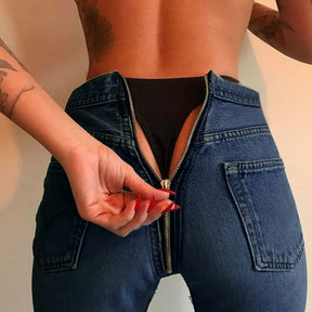 Sexy Back Zipper Long Jeans  Women Classic High Waist Skinny Pencil Light Blue Denim Pants  Elastic Stretch Jeans