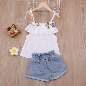 Summer Thin Suit Flower Sling Top+Denim Shorts 2Pcs Clothing Sets