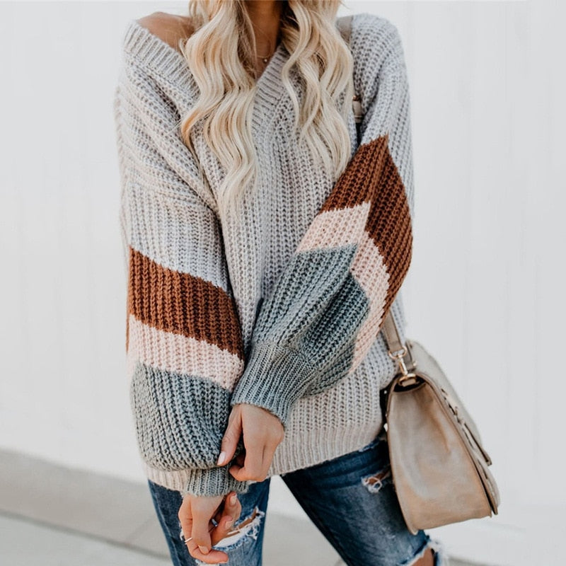 Fashion Knit Sweater Women Elegance V-neck Lantern Sleeve Winter Pullover Loose Oversized Striped Streetwear