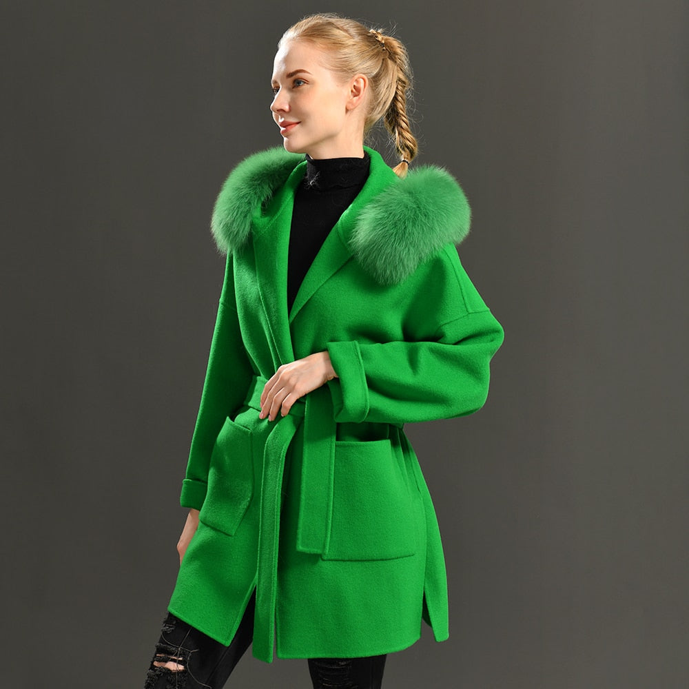 cashmere Wool Coat with Real Fox Fur Collar Winter Women Hood Outerwear Belt