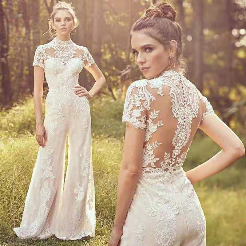JumpsuitsHigh Neck Short Sleeve Lace Appliqued Beach Boho Bridal Gowns