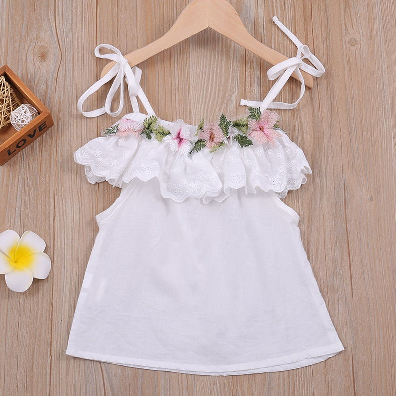 Summer Thin Suit Flower Sling Top+Denim Shorts 2Pcs Clothing Sets