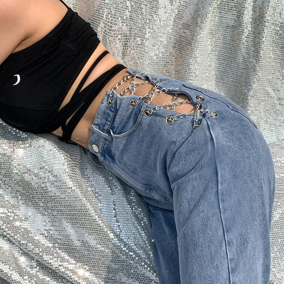 High Waist Hollow Out Chain Design Slim Jeans Woman Leisure Streetwear Commute High Quality Strgight Pants