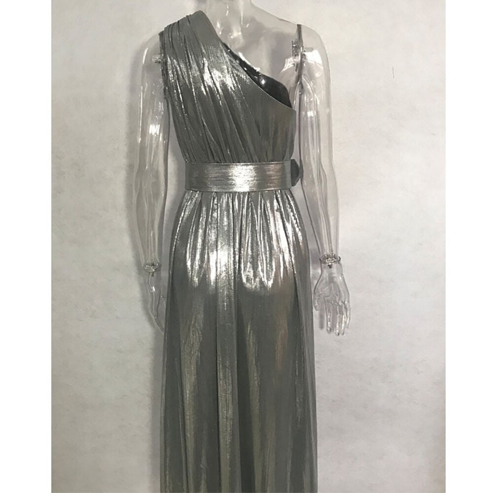 Silver Maxi Evening Party Dress For Women Sexy One Shoulder Split Long Dress Lady Runway Celebrity Sleeveless With Belt Ball Gow