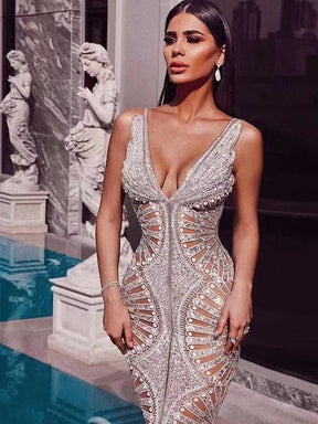 Chic Silver Sequins Ruffles Design Sexy V Neck Backless Celebrity Party Club Maxi Long Slip Dress
