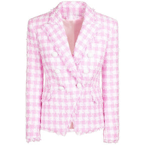 WOOL Shorts Blazer Suits Women Pink Houndstooth Woolen Plaid JackeT Autumn Winter Double Breasted White Button Two Piece Sets