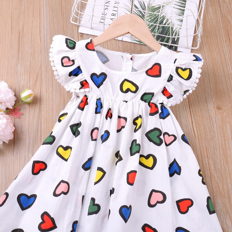Summer Light Dresses Heart Shape Print Flying Sleeve Dress For Girls Kids Clothes