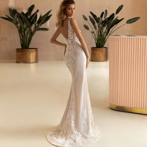 Sexy Mermaid Wedding Dresses 2022 Lace Appliques V-Neck Backless Vestido De Novia Detachable Sweep Train Tulle Robe De Mariée